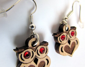 Earrings Wooden owl/Red crystal