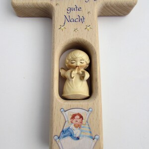 Children's cross birth baptism / guardian angel wood carved / wooden cross / dear angel good night... / name dedication engraving possible image 2