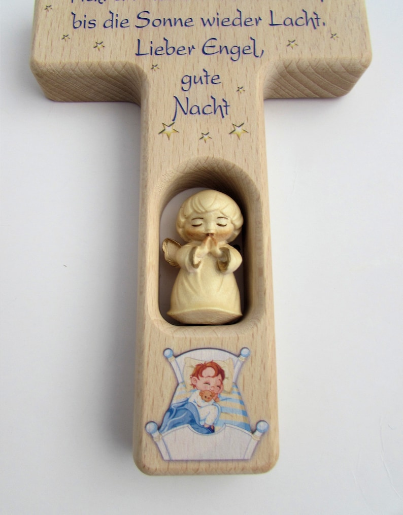 Children's cross birth baptism / guardian angel wood carved / wooden cross / dear angel good night... / name dedication engraving possible image 2