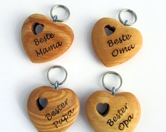 Keychain solid wood - heart with engraving Best Mom, Best Grandma, Best Dad, Best Grandpa