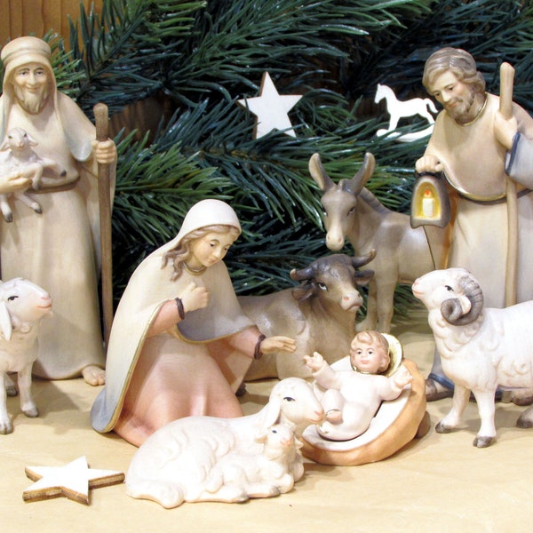 Modern, high-quality wooden nativity figures / wood-carved colored 10 cm / Holy Family, shepherds, sheep, kings.... later purchase possible