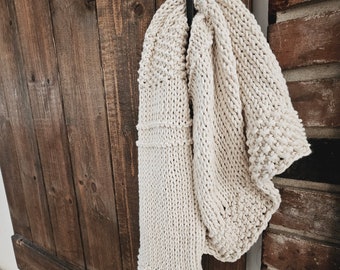 Hand knitted spring cotton towel, made with recycled cotton yarn from Argentina. Handy loop on one corner to hang and dry