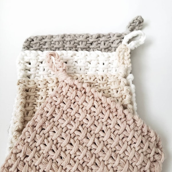 Knitted washcloths made with recycled cotton yarn, Set of 4, Spring Neutrals