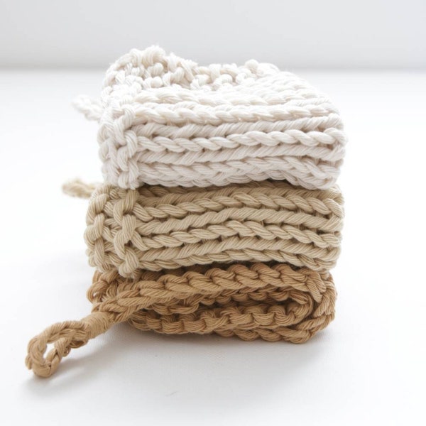 Hand knitted washcloths, set of 3 recycled cotton sustainable washcloths, Artisanal natural fiber dishcloths, Ecofriendly home goods