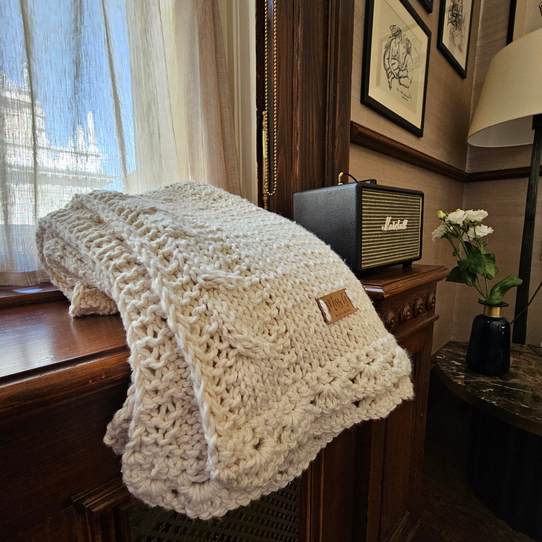 Heritage Blanket, Hand Knit Cotton Blanket With Crochet Border Etsy