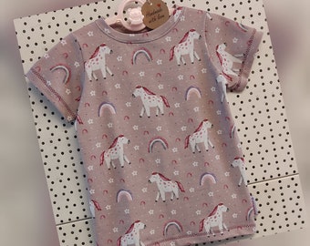Taille T-shirt enfant 98-104 pour filles, chemise pour enfants à manches courtes, chemise pour filles vieux rose avec motif cheval, vêtements pour enfants filles été