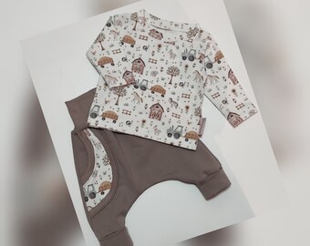 Handgemaakte babyset, pasgeboren meisje jongen maat 50-56 pompbroek taupe met zak, babyshirt met lange mouwen, babybroekje, boerderij / geboortecadeau