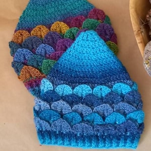 May include: Two crocheted hats with a scale pattern. The top hat is multi-coloured with shades of purple, blue, green, and brown. The bottom hat is blue with shades of teal and light blue.