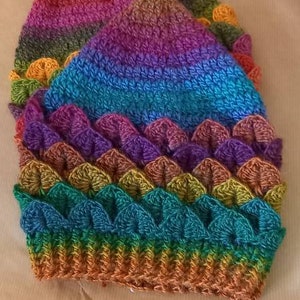 May include: A multi-coloured crocheted hat with a scalloped edge. The hat is made with a variety of shades of blue, green, purple, orange, and brown yarn.