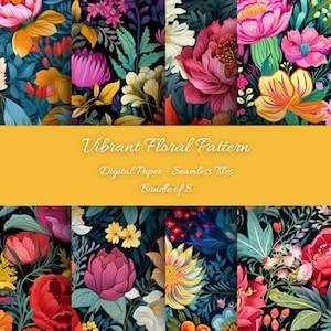 Vibrant Floral Patterns Digital Paper Download Pattern Tiles Seamless Scrapbooking Bundle of 8 Designs