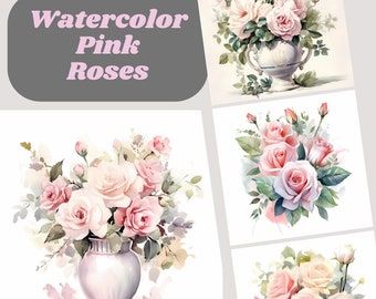 15+ Pink Roses Watercolor High Quality Clipart - flowers, floral, royal, instant download