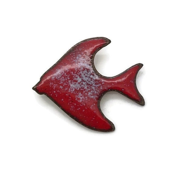 Vintage Enamel on Copper Fish Brooch Pin Red Speckle Angel Fish Enameled Figural Jewelry Mid Century Nautical Ocean