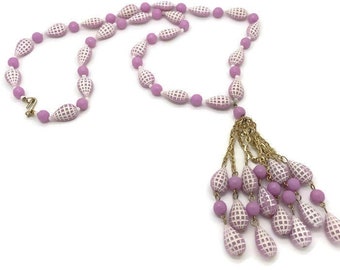Lavender Plastic Beaded Tassel Necklace 1960s Japan Fringe White Grid Checkerboard Pastel Purple Teardrop 27"
