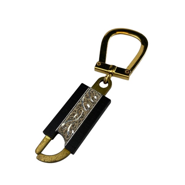 Champion USA Pat Pend Keychain Mid Century Black Gold Silver Ornate Textured Engraved Push Claw Key Chain Clip