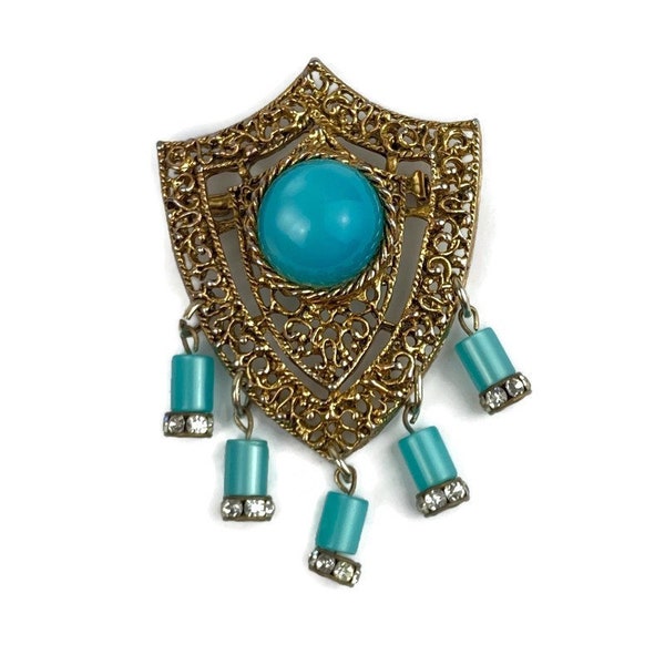 vintage Turquoise Moonglow Lucite Crest Shield Dangle Broche Gold Tone Strass 1950s Moonglo