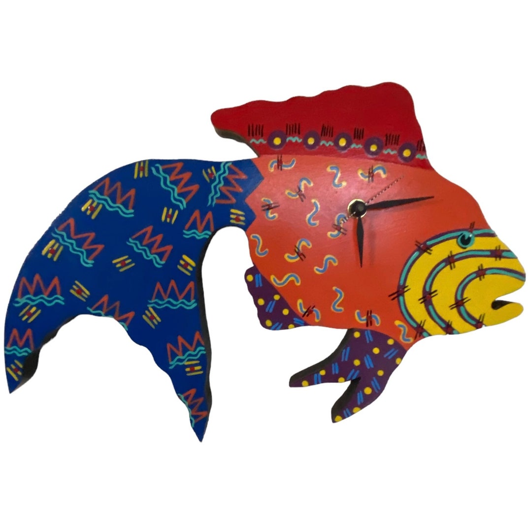 Whimsical Tropical Fish Wall Clock Hand Painted Wood Signed by Artist