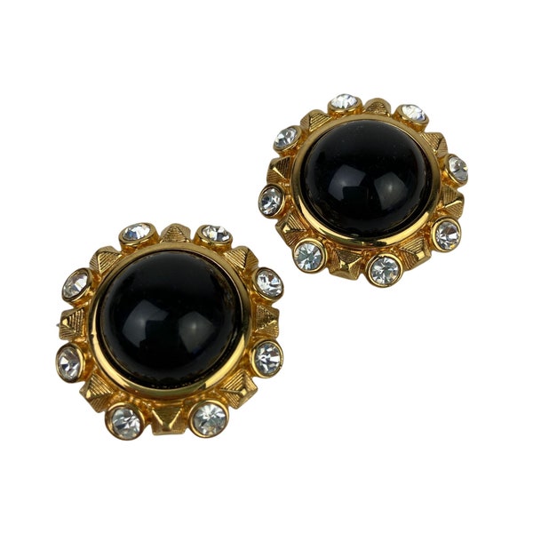 VTG Sandra Miller Burrows Clip On Earrings Big Round Gold Plated Black Cabochon Clear Crystal Rhinestone Sandi SMB Designer Signed 1980s