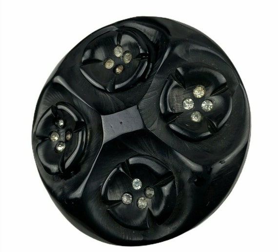 Deeply Carved Black Bakelite Floral Brooch with R… - image 6