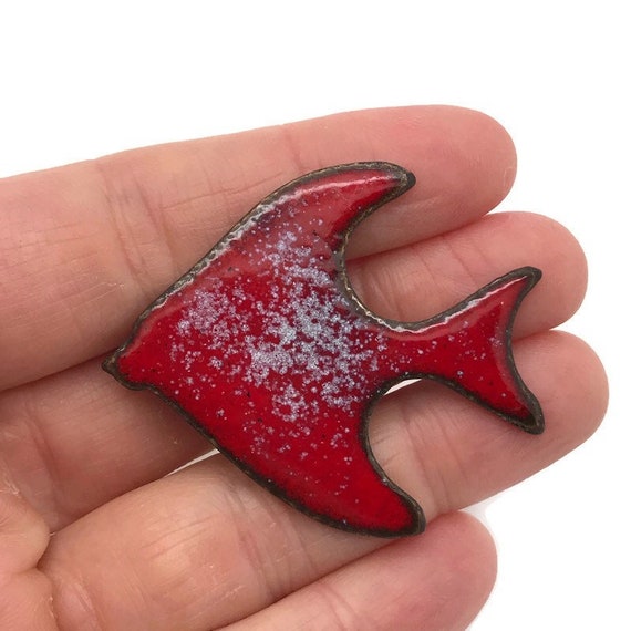 Vintage Enamel on Copper Fish Brooch Pin Red Spec… - image 6