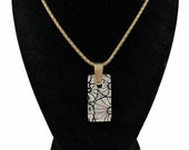 Vintage Foiled Art Glass Pendant Black Silver Floral Artist Signed Alessandro 20 quot Gold Tone Wheat Chain 1970s MOD Rectangle