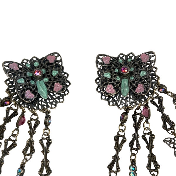 VTG Banana Bob 4" Long Butterfly Enamel Rhinestone Dangle Clip On Earrings Fairy Forest Faire Floral Jewelry Bohemian Cosplay