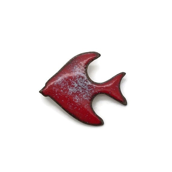 Vintage Enamel on Copper Fish Brooch Pin Red Spec… - image 1