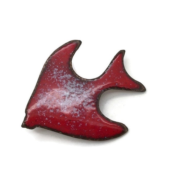 Vintage Enamel on Copper Fish Brooch Pin Red Spec… - image 5
