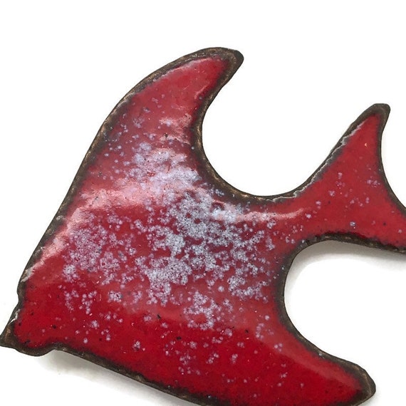 Vintage Enamel on Copper Fish Brooch Pin Red Spec… - image 3