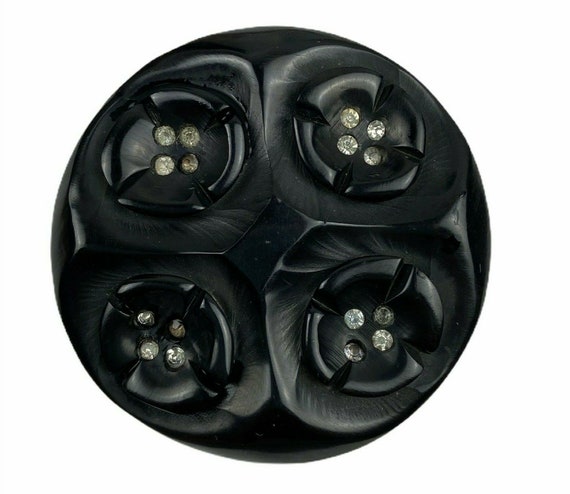 Deeply Carved Black Bakelite Floral Brooch with R… - image 1