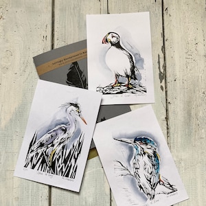 Lino Print Puffin Kingfisher Heron Birds of Coasts Sea and Rivers Handprinted Nature Art (Set of 3)