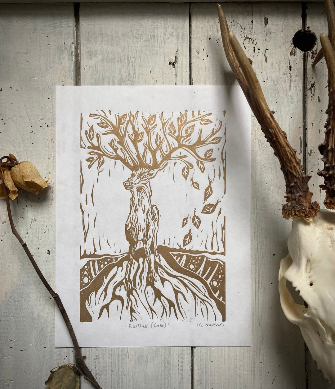 Lino Print Stag Tree 'earthed' Gold Hand-printed Lino Art Print - Etsy