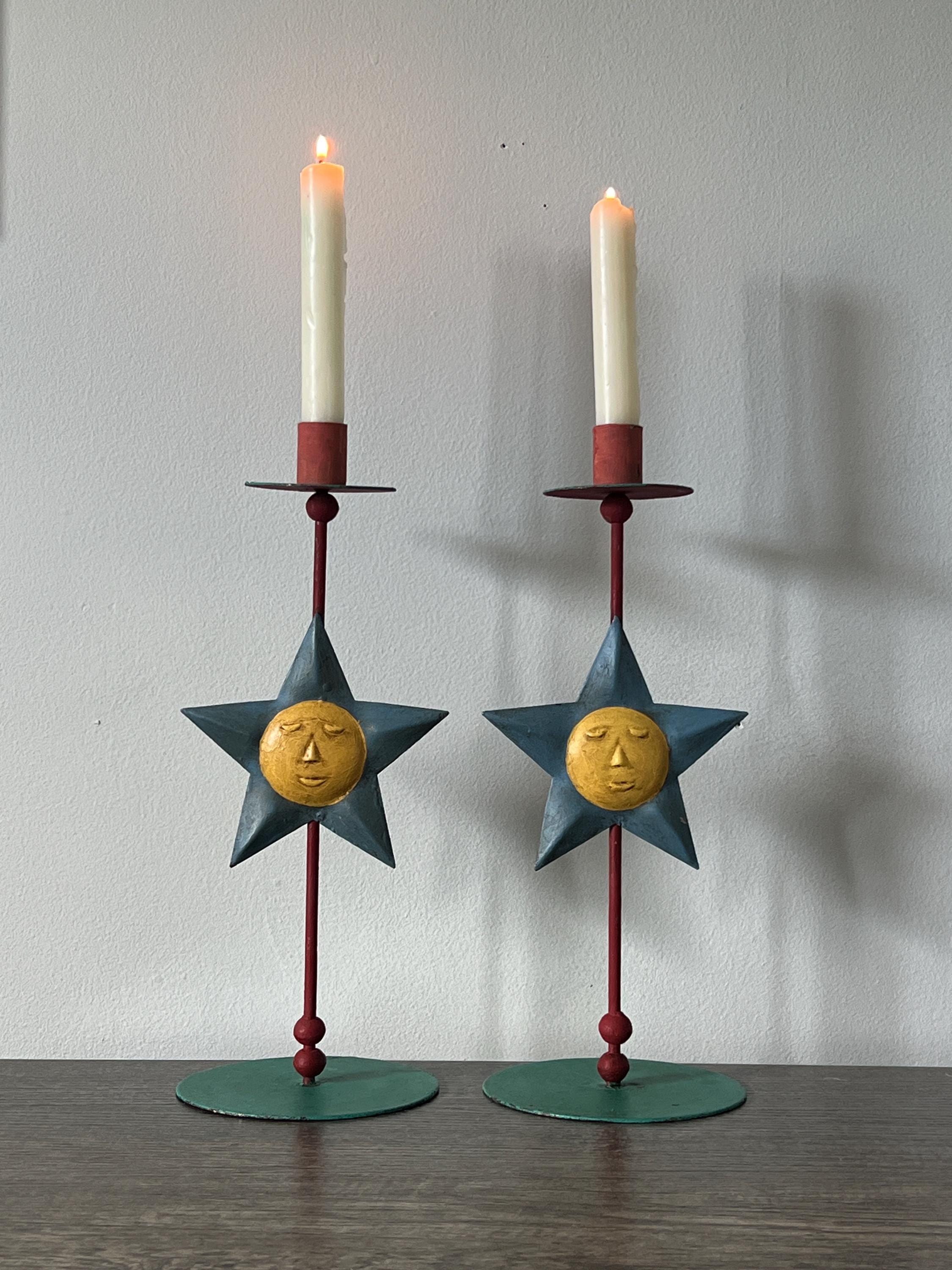 Vintage Hand-painted Colorful Celestial Star with face Taper Candle Holder | Celestial Home Decor | ShopEleanorLouise