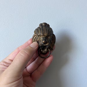 Puede incluir: Un tirador de mueble de metal en tono bronce oscuro con un diseño de cabeza de león esculpida, una melena de crestas verticales y un pequeño anillo circular que cuelga de la boca del león. El herraje tiene un acabado envejecido y desgastado.