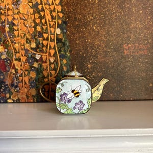 Vintage Mini Enamel Teapot with Bees and Purple Flowers | Vintage Housewarming Gift | Mini Teapots | ShopEleanorLouise