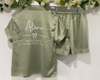 Sage Green Personalised Satin Pyjama Set, Personalised PJ’s, Luxury pyjamas, Bridal Party Pyjamas Monogrammed Pyjamas, initial pjs