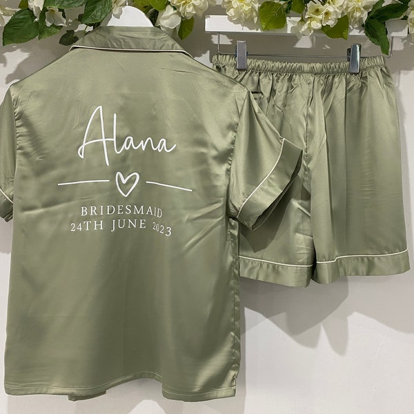 Sage Green Personalised Satin Pyjama Set, Personalised PJ’s, Luxury pyjamas, Bridal Party Pyjamas Monogrammed Pyjamas, initial pjs