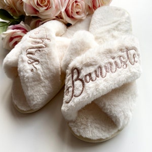 Personalised Slippers, Glitter Fluffy Sliders, Diamante Cross Over Girls Gifts for Her, Bride Bridesmaid Bridal Party Rhinestone Footwear image 2