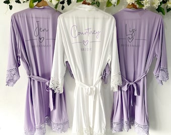 Violet Lilac Personalised Bridesmaid Robes, Bridal Party Robe, Wedding Dressing Gown, Cotton Lace Sleeve Detail, Plus Size Robes, Curvy