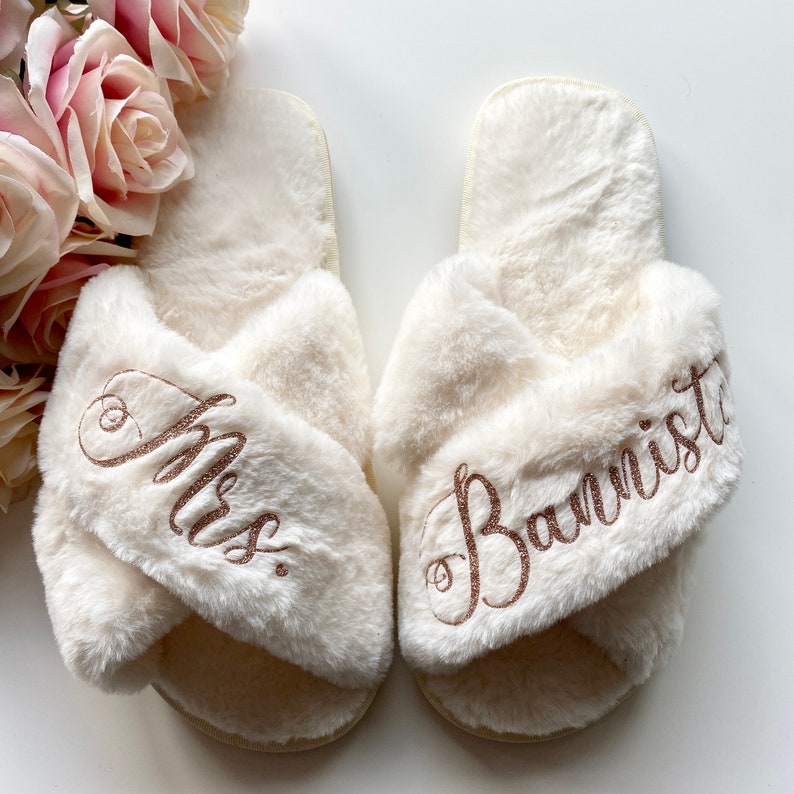 Personalised Slippers, Glitter Fluffy Sliders, Diamante Cross Over Girls Gifts for Her, Bride Bridesmaid Bridal Party Rhinestone Footwear image 4