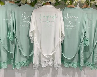 Mint Green Personalised Bridesmaid Robes, Bridal Party Robe, Wedding Dressing Gown, Cotton Lace Sleeve Detail, Plus Size Robes, Curvy