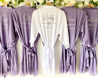 Lavender Personalised Robe, Bridal Party Robes, Bridesmaid Dressing Gowns, Wedding Dressing Gown, Satin Wedding Robe, Lace Sleeves Detail