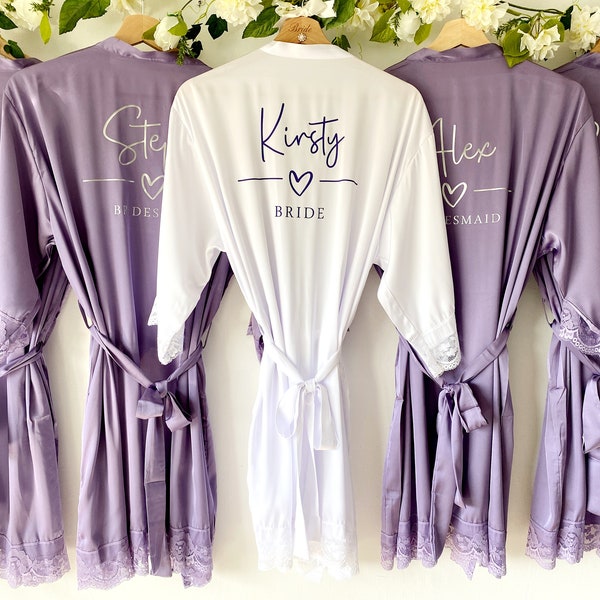 Lavender Personalised Robe, Bridal Party Robes, Bridesmaid Dressing Gowns, Wedding Dressing Gown, Satin Wedding Robe, Lace Sleeves Detail