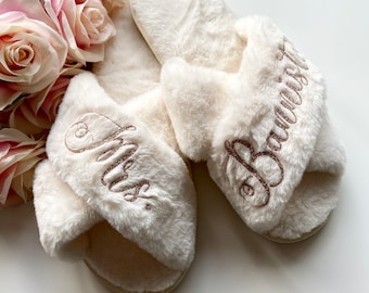 Personalised Slippers, Glitter Fluffy Sliders, Diamante Cross Over Girls Gifts for Her, Bride Bridesmaid Bridal Party Rhinestone Footwear