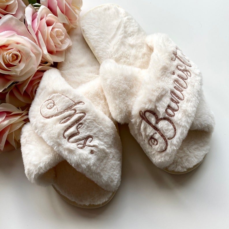 Personalised Slippers, Glitter Fluffy Sliders, Diamante Cross Over Girls Gifts for Her, Bride Bridesmaid Bridal Party Rhinestone Footwear image 1