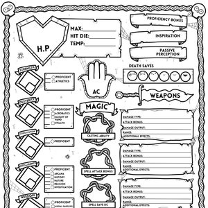 Könnte beinhalten: Ein Schwarzweiß-Charakterbogen für ein Tabletop-Rollenspiel. Der Bogen enthält Abschnitte für Charakterwerte, Fähigkeiten und Fertigkeiten. Der Bogen ist so konzipiert, dass er mit Informationen über einen Charakter ausgefüllt werden kann.