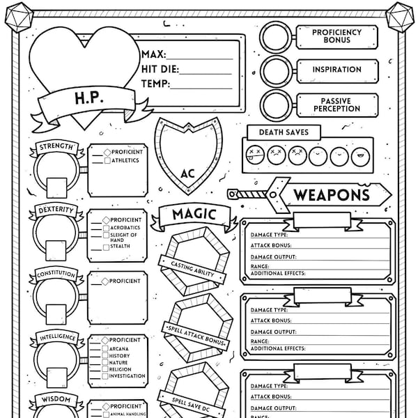 Dungeons and Dragons EDITIERBARE PDF und herunterladbare Zeichenblatt