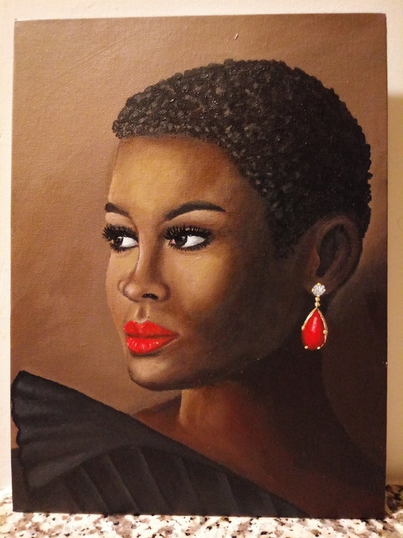 Painting Of An Elegant Short Natural Hair Black Woman Rubi Earring Red Lips Frame Art Acrylic On Canvas Panel African American Afro