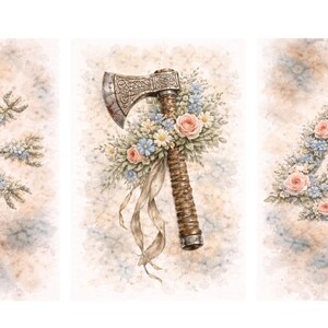 Può includere: Illustrazioni ad acquerello a tema vichingo. Le immagini includono una composizione floreale a forma di fiocco di neve, un'ascia decorativa con fiori e un triangolo floreale. La tavolozza dei colori presenta rosa, blu e marroni tenui.