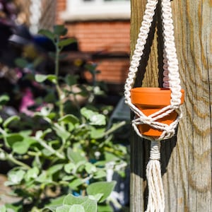 May include: A macrame plant hanger with a terracotta pot hanging from a wooden post. The hanger is made of natural white cotton cord and has a tassel at the bottom.