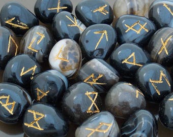 Rune Stones Black Onyx Crystal Runes Viking runes Elder Futhark set Runic alphabets Fortune telling stones Healing stones